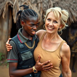 In an African village, a very short and malnourished 25-year-old African woman with an angry, fierce expression is depicted