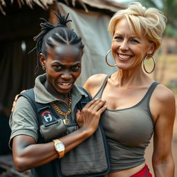 In an African village, a very short and malnourished 25-year-old African woman with an angry, fierce expression is depicted