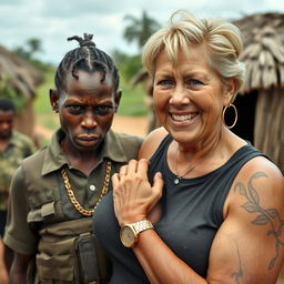 In an African village, a very short and malnourished 25-year-old African woman with an angry, fierce expression is depicted