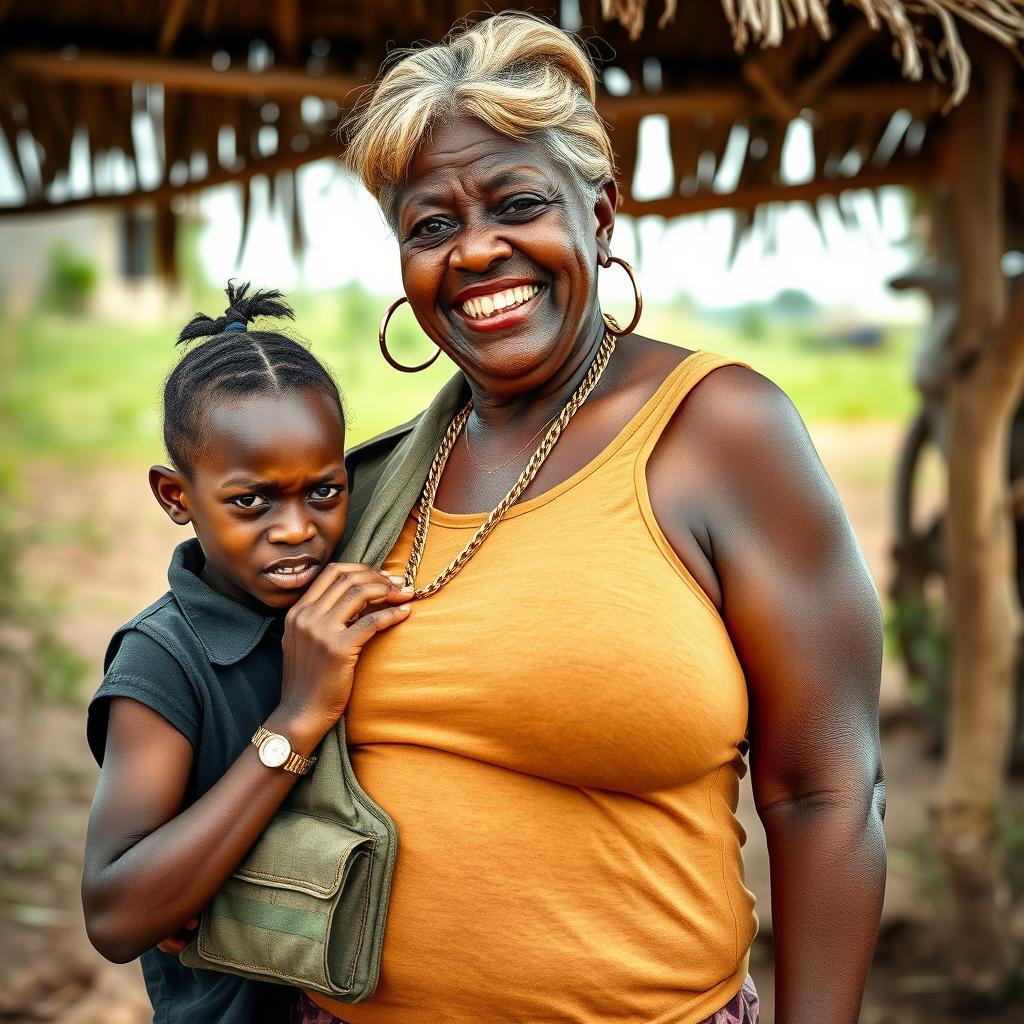 In an African village, a very short and malnourished 25-year-old African woman with an angry, fierce expression is depicted