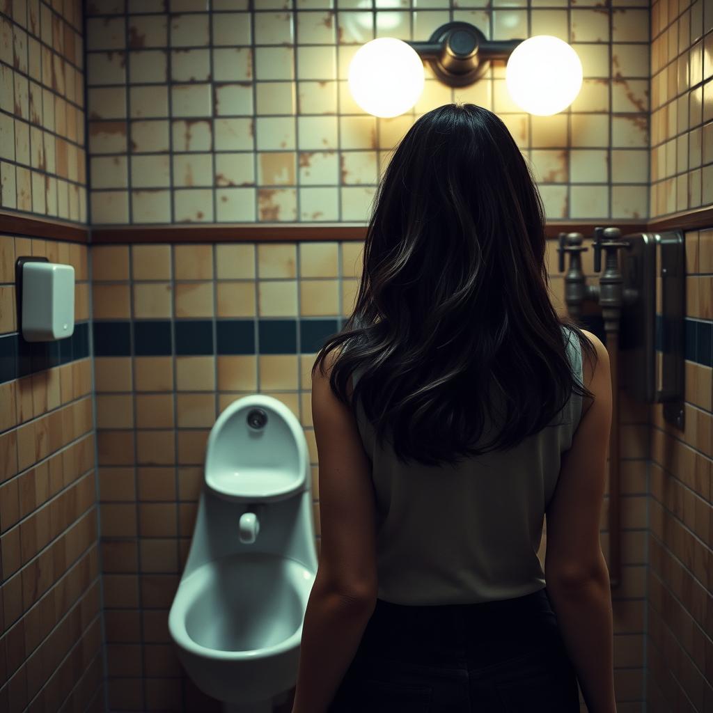 A photo-realistic image of a woman standing in front of a vintage wall urinal in a men's restroom, her back to the viewer