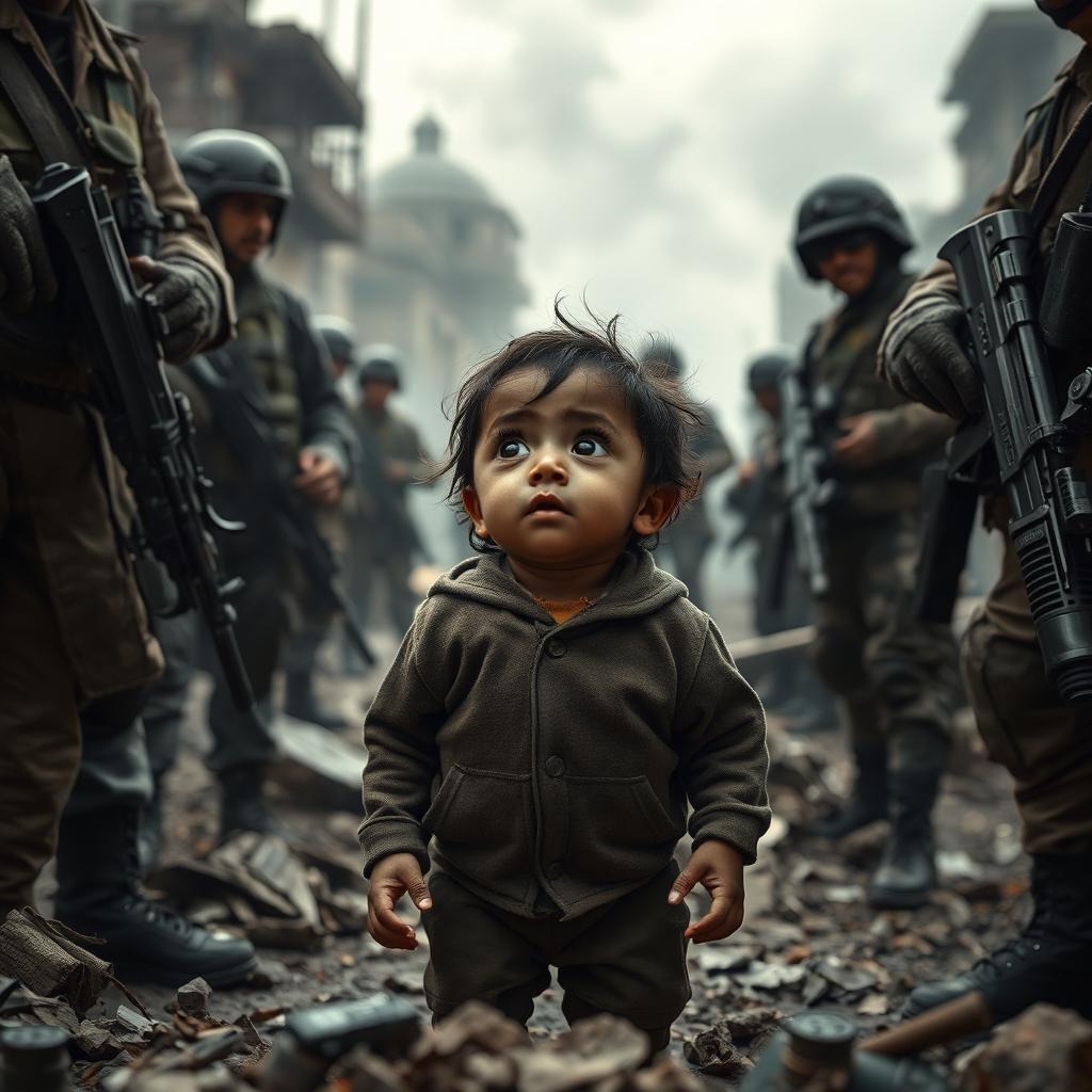 A poignant scene in a warzone featuring a little innocent orphan child standing amidst chaos, gazing up with wide eyes