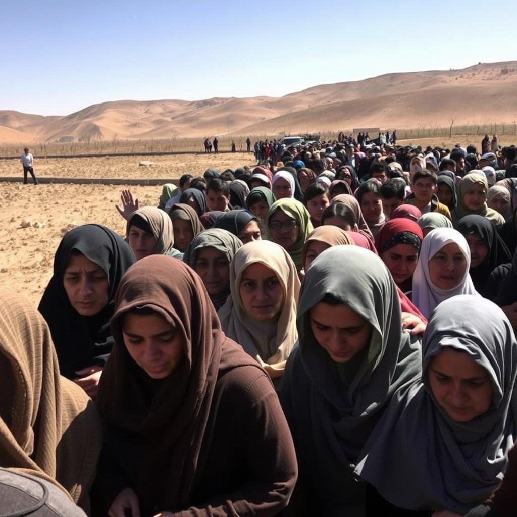 A dry and barren scene depicting Tehran during a drought, showcasing a line of people waiting for water