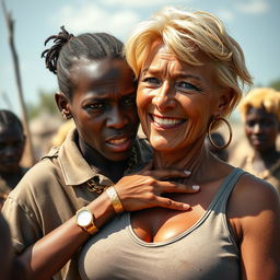 In an African tribe setting, a very short and malnourished 25-year-old African woman with an angry, fierce expression is depicted