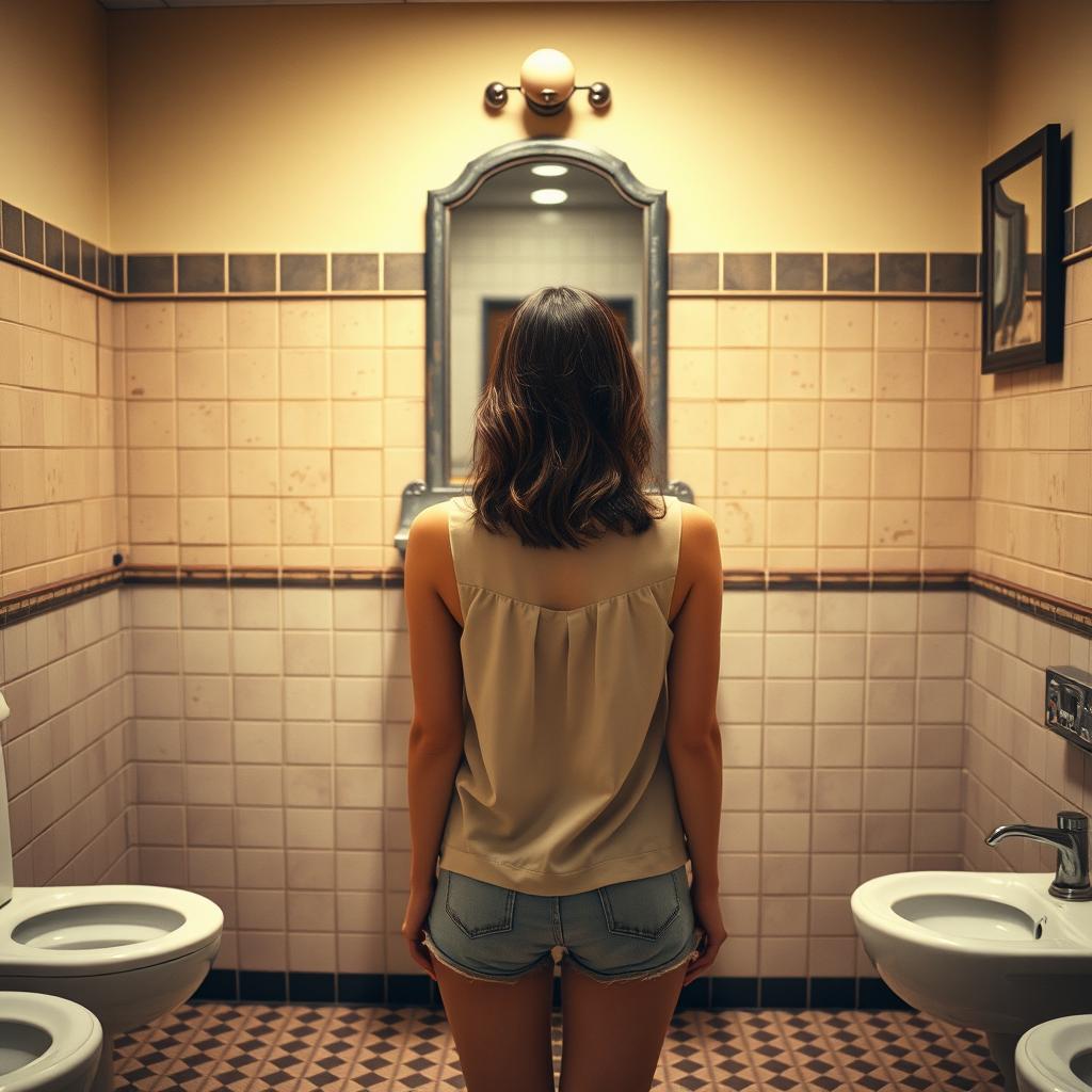 A photo-realistic image of a woman standing in the men's restroom, facing a vintage wall urinal with her back to the viewer
