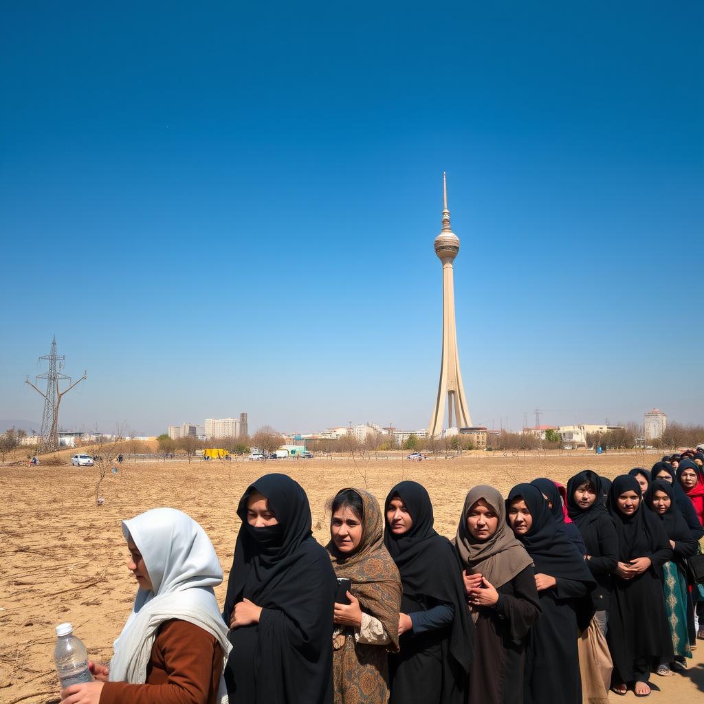 A poignant scene of Tehran featuring the Milad Tower against a backdrop of drought conditions