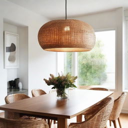 Pendant rattan light elegantly illuminating a contemporary dining room