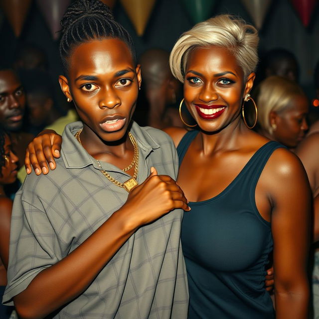 At an African party, a very short and malnourished 25-year-old African woman with an angry, fierce expression is depicted