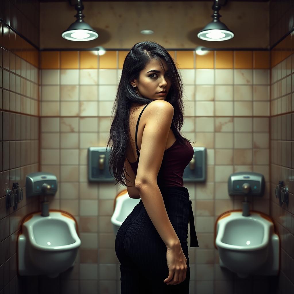 A photorealistic image of a woman in a men's restroom, standing in front of a vintage wall urinal