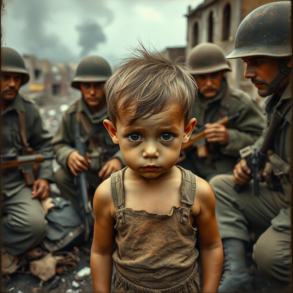 A poignant vintage warzone scene depicting an innocent orphan child standing amidst chaos