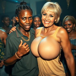 At an African party, a very short and malnourished 25-year-old African woman with an angry, fierce expression is depicted