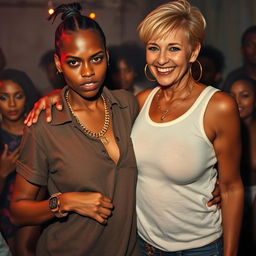 At an African party, a very short and malnourished 25-year-old African woman with an angry, fierce expression is depicted