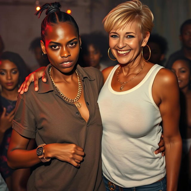 At an African party, a very short and malnourished 25-year-old African woman with an angry, fierce expression is depicted