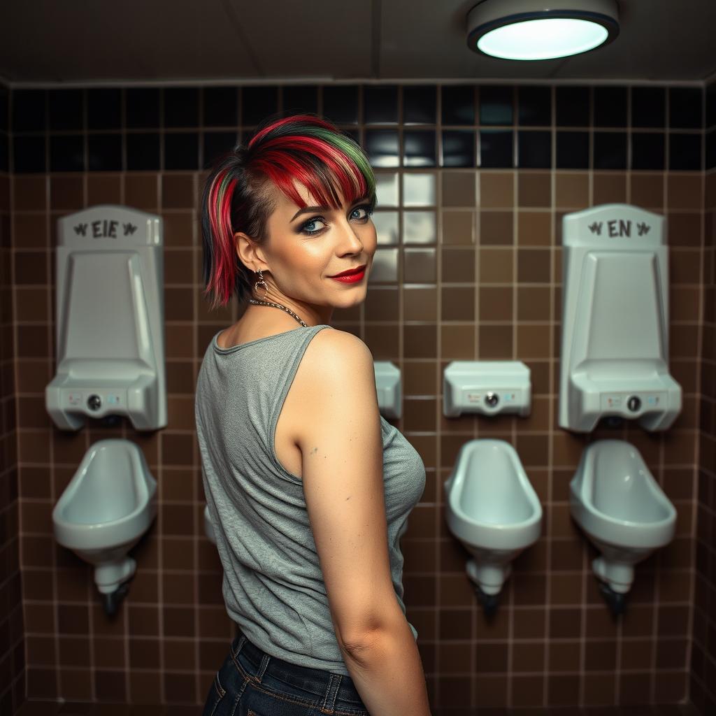 A photo-realistic image of an attractive middle-aged alternative woman standing in front of a vintage wall urinal in a men's restroom
