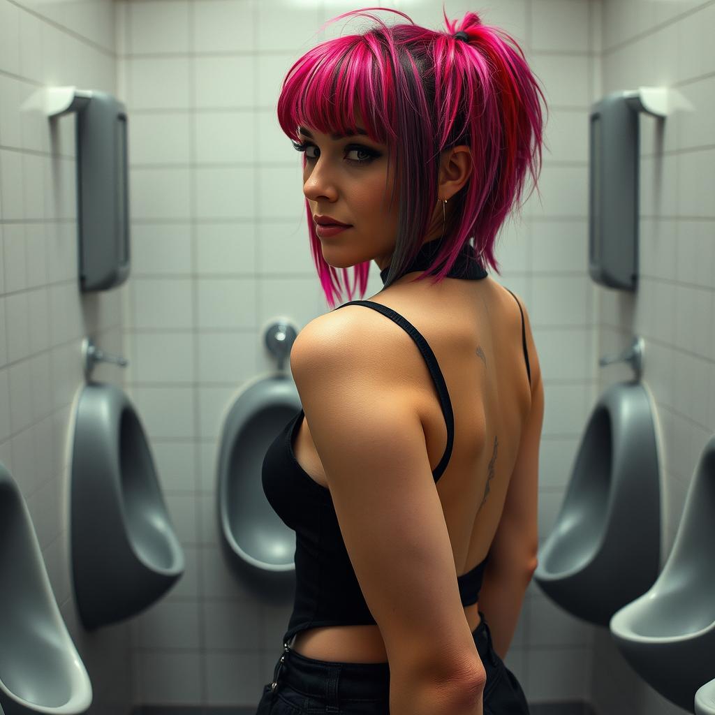 A photo-realistic image of an attractive middle-aged alternative woman standing in a men's restroom