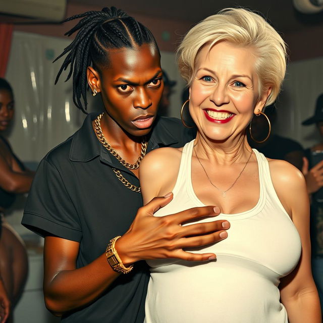 At a gangster party, a very short and malnourished 25-year-old African woman with an angry, fierce expression is portrayed