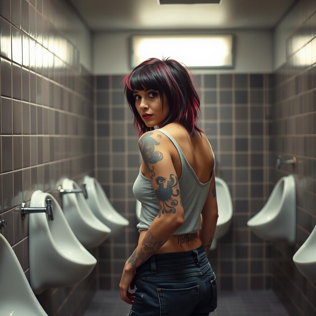 A photo-realistic image of an attractive middle-aged alternative woman standing in a vintage men's restroom featuring 1980s wall urinals