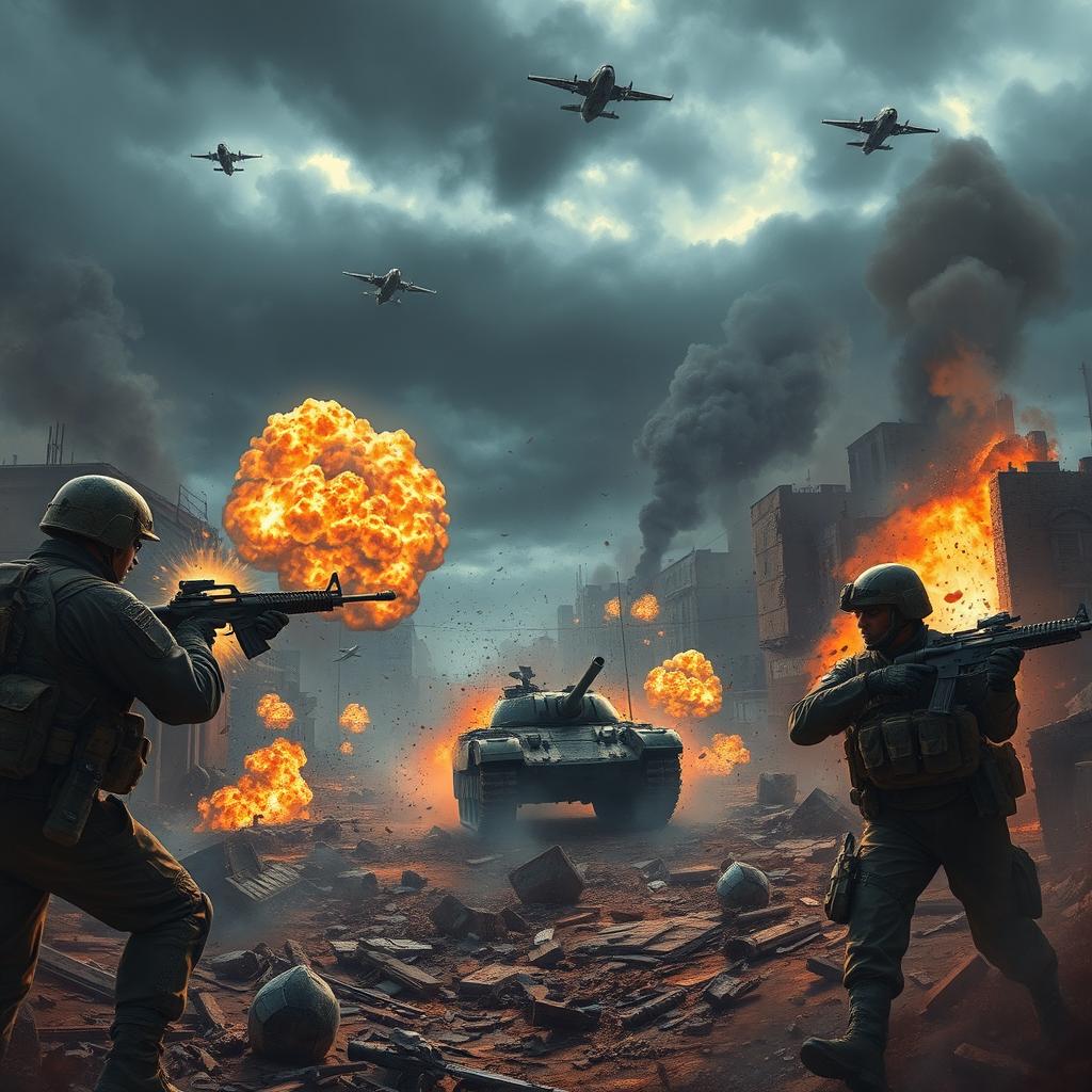 A dramatic battlefield scene depicting intense warfare