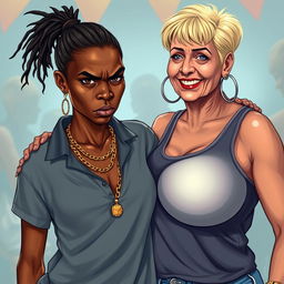 In a daytime gangster party, a very short and malnourished 20-year-old African woman with an angry, fierce expression is depicted