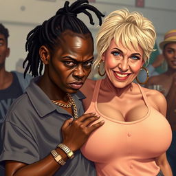 In a daytime gangster party, a very short and malnourished 20-year-old African woman with an angry, fierce expression is depicted