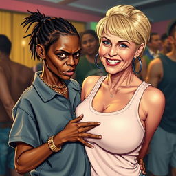 In a daytime gangster party, a very short and malnourished 20-year-old African woman with an angry, fierce expression is depicted