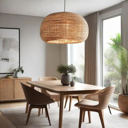 Pendant rattan light elegantly illuminating a contemporary dining room