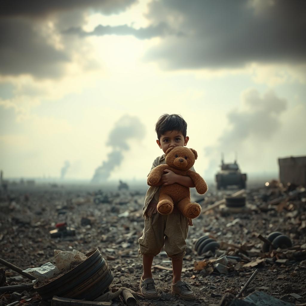 A lone child standing in a war-torn landscape, surrounded by rubble and debris, with a backdrop of smoky skies and distant explosions
