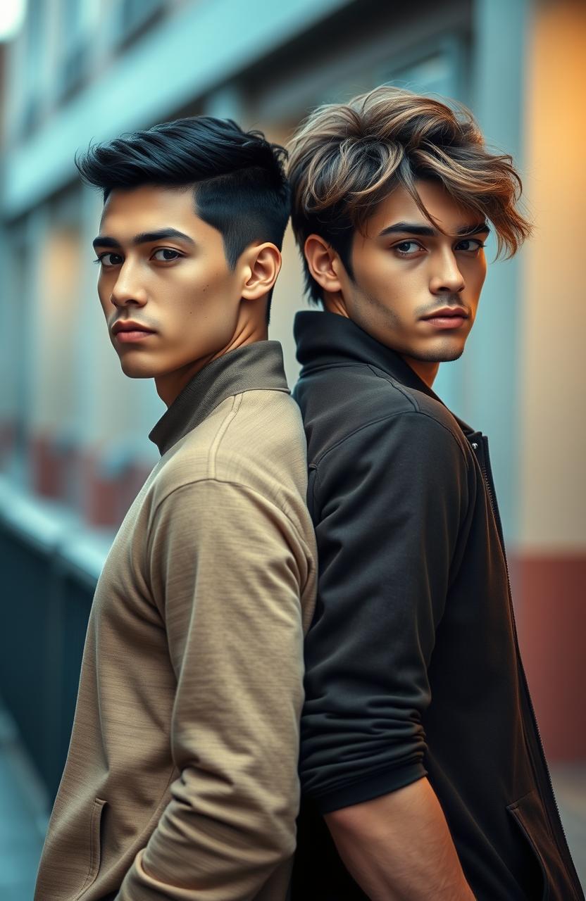 Two handsome men standing back to back, showcasing their contrasting appearances