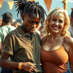 At a daylight party, a very short and malnourished 20-year-old African woman with a fierce, angry expression is depicted