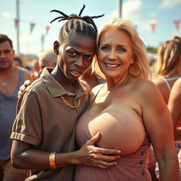 At a daylight party, a very short and malnourished 20-year-old African woman with a fierce, angry expression is depicted