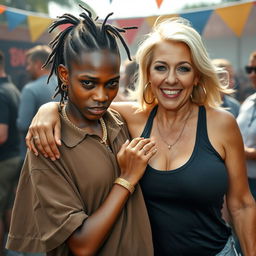 At a daylight party, a very short and malnourished 20-year-old African woman with a fierce, angry expression is depicted