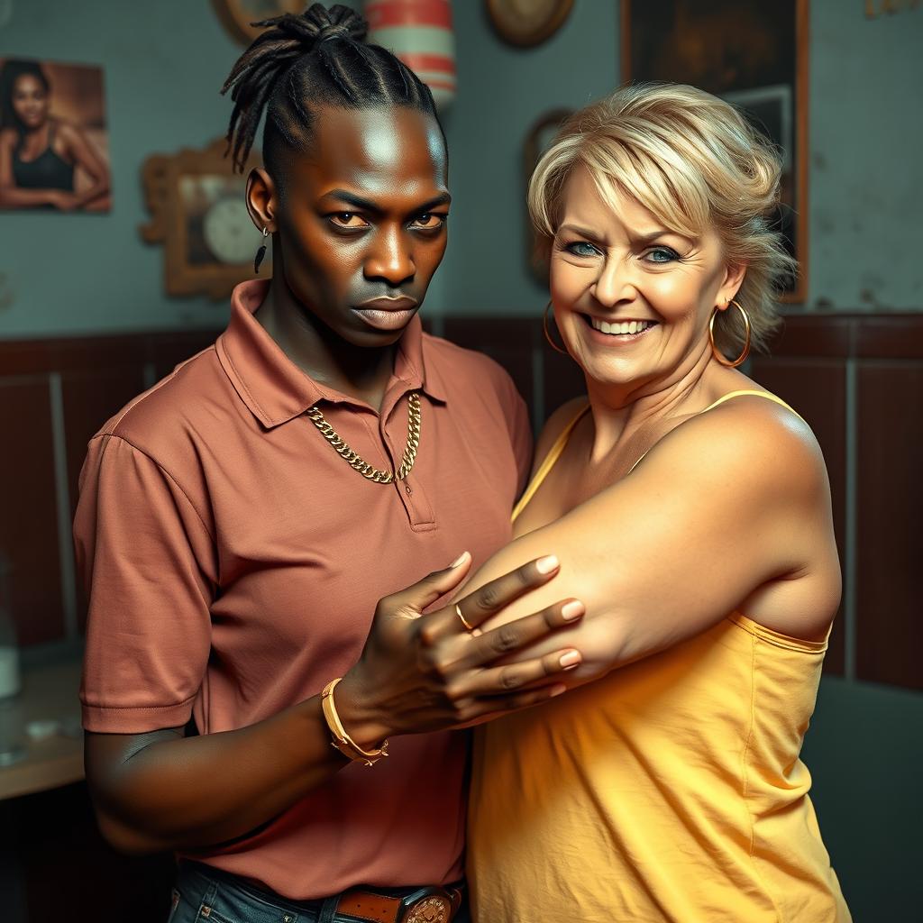 In a brothel setting, a very short and malnourished 20-year-old African woman with a fierce, angry expression is portrayed