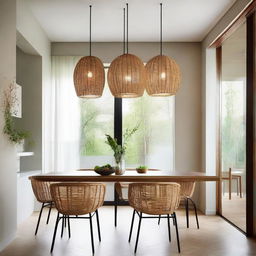 Three pendant rattan lights elegantly illuminating a contemporary dining room