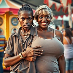 At a fair setting, a very short and malnourished 20-year-old African woman with a fierce, angry expression is portrayed