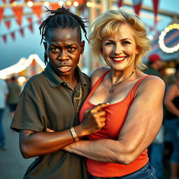 At a fair setting, a very short and malnourished 20-year-old African woman with a fierce, angry expression is portrayed
