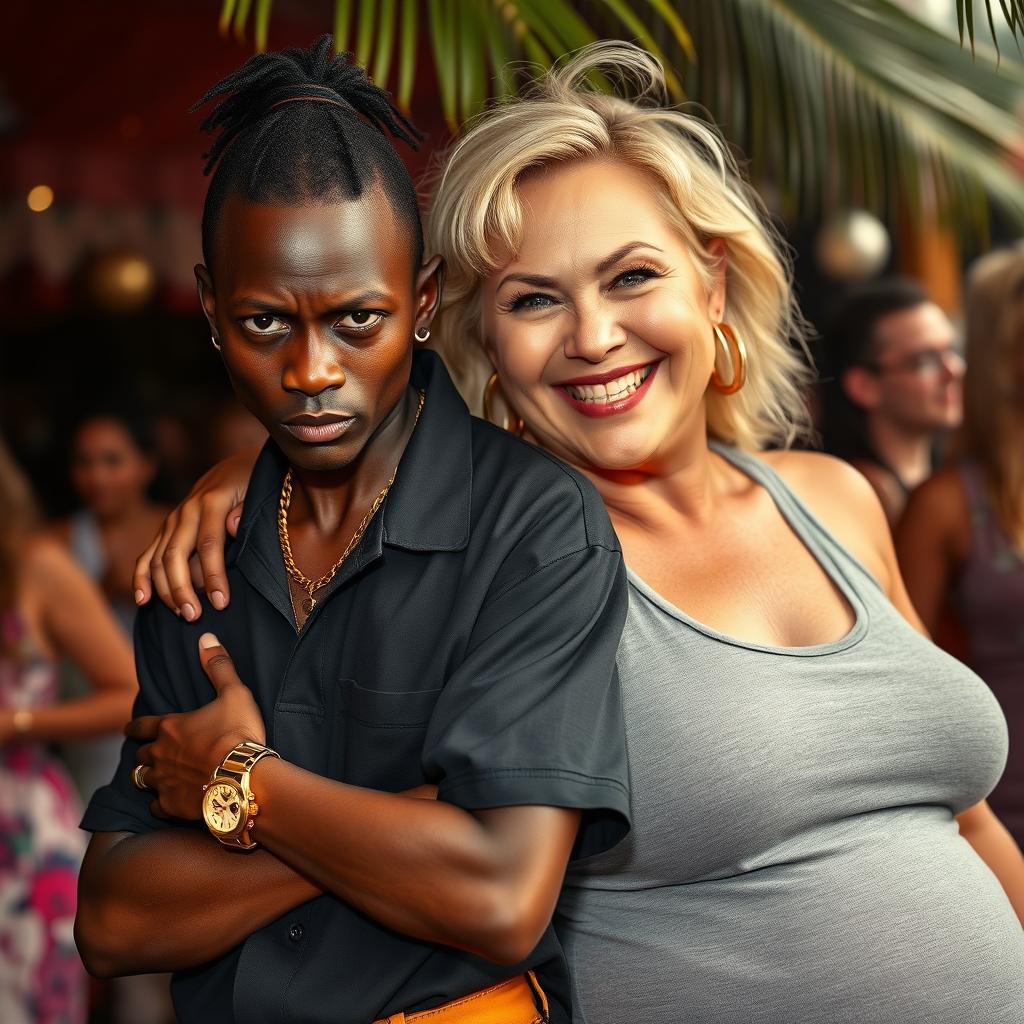 At a daytime party setting, a very short and malnourished 20-year-old African woman with a fierce, angry expression is portrayed