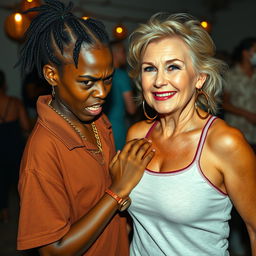 At a daytime party setting, a very short and malnourished 20-year-old African woman with a fierce, angry expression is portrayed