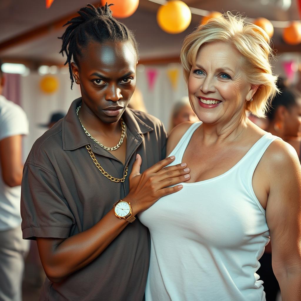 At a daytime party setting, a very short and malnourished 20-year-old African woman with a fierce, angry expression is portrayed