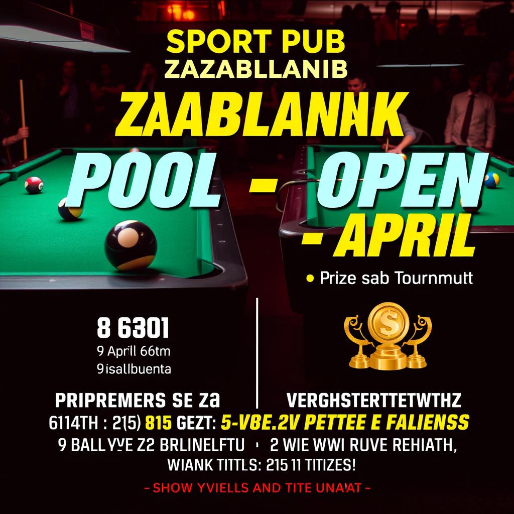 A vibrant event poster for a billiards tournament at Sport Pub Kazablanka, featuring dynamic graphics of billiard tables with 8-ball and 9-ball visuals