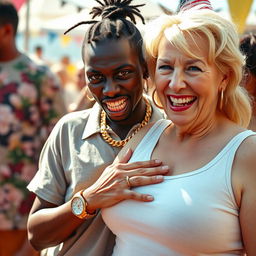 At a bright and lively daytime party, a very short and malnourished 20-year-old African woman with a fierce, angry expression is depicted