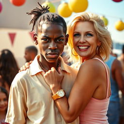 At a bright and lively daytime party, a very short and malnourished 20-year-old African woman with a fierce, angry expression is depicted