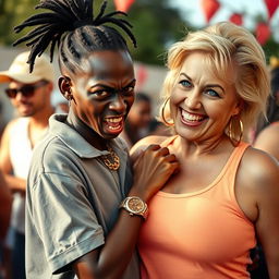 At a bright and lively daytime party, a very short and malnourished 20-year-old African woman with a fierce, angry expression is depicted