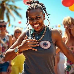 At a bright and lively daytime party, a very short and malnourished 20-year-old African woman with a fierce, angry expression is depicted