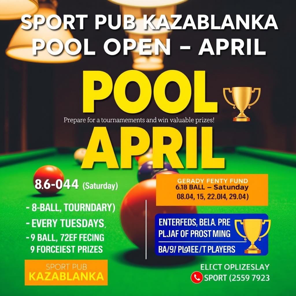 A vibrant, eye-catching poster design for the 'SPORT PUB KAZABLANKA POOL OPEN – APRIL' billiards tournament