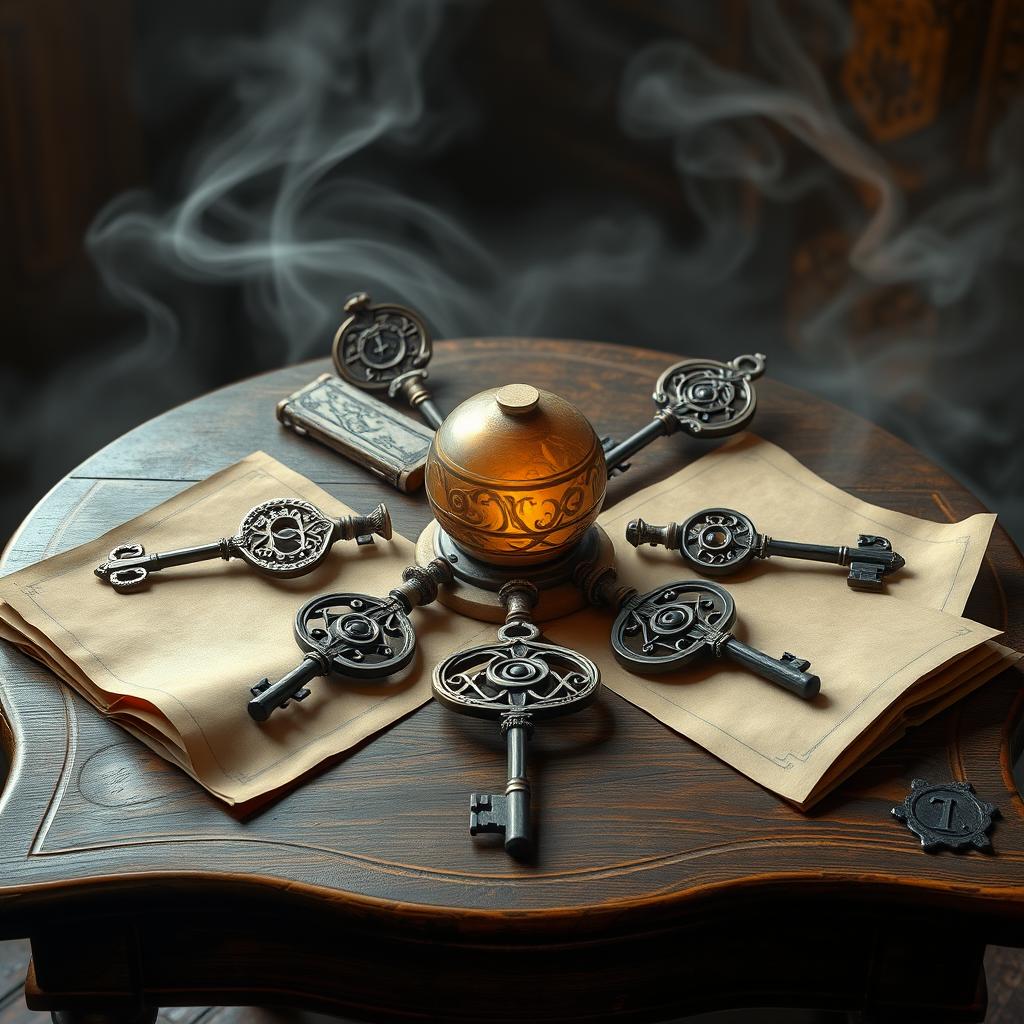 A mystical fantasy setting featuring six ornate keys intricately arranged in a circular formation on a beautifully crafted wooden table