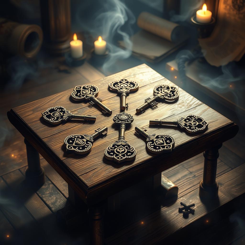 A fantasy scene featuring six ornate keys arranged in a circular pattern on an ancient wooden table