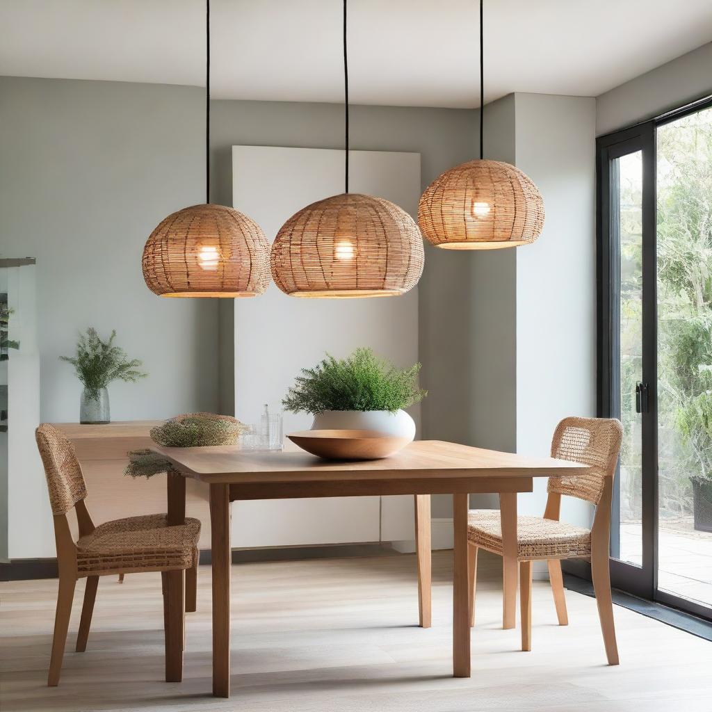 Three pendant rattan lights elegantly illuminating a contemporary dining room