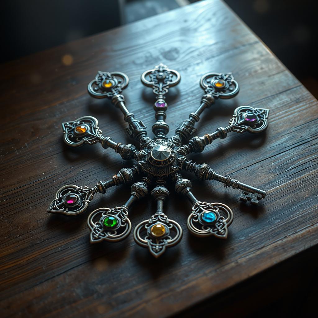 A fantasy scene featuring six ornate keys arranged in a circular pattern on an ancient wooden table