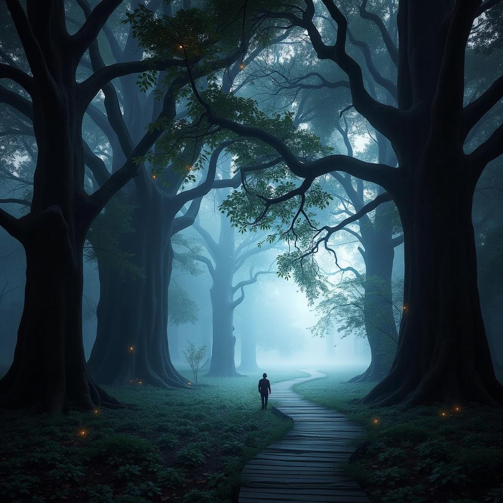 A mystical foggy forest scene, featuring large, dark trees with twisting branches and lush green foliage