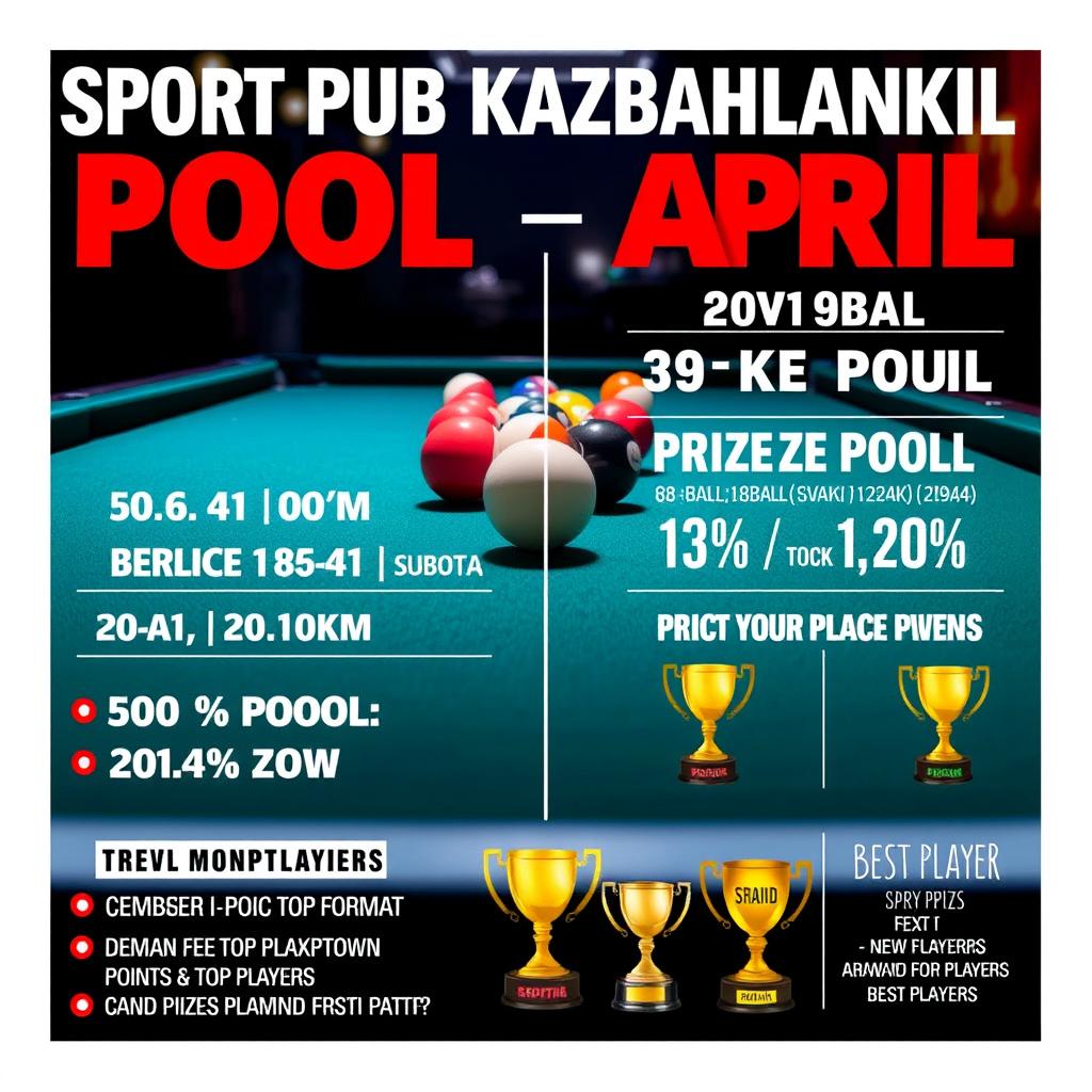A dynamic and engaging poster for the 'SPORT PUB KAZABLANKA POOL OPEN – APRIL' billiards tournament